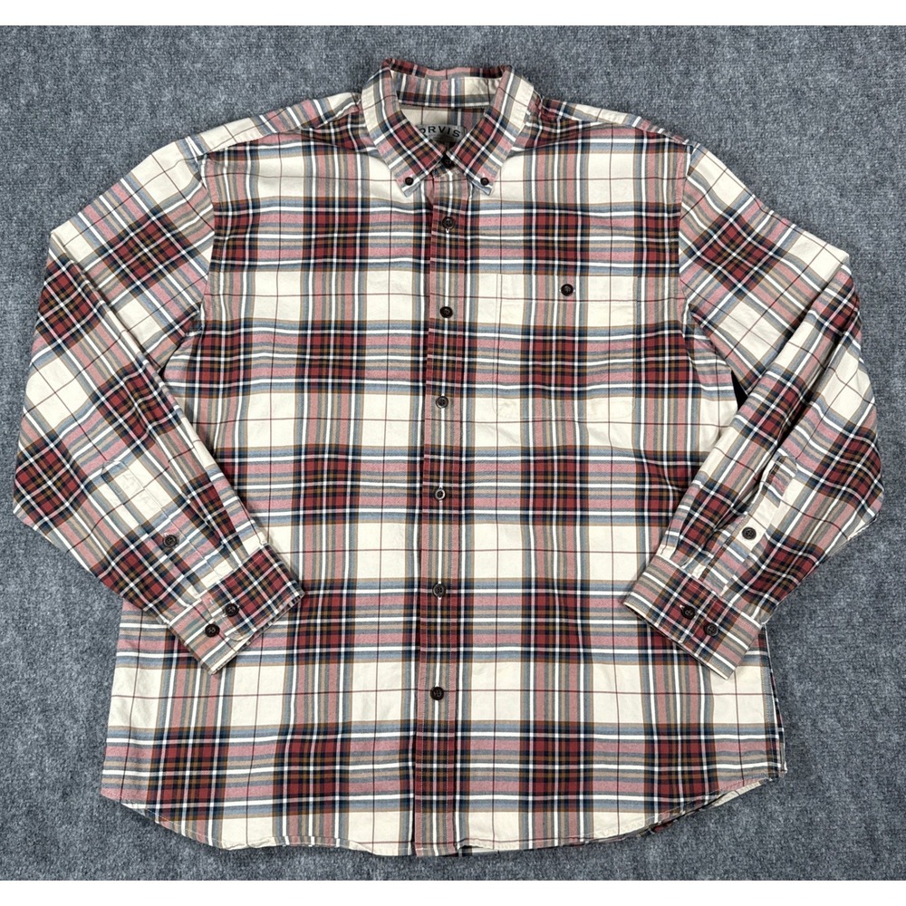 Orvis Mens XL Plaid Button Down Shirt Long Sleeve Cotton Red‎ Blue Tan